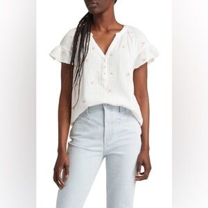 MADEWELL Embroidered Lightspun Ruffle Sleeve Henley Top Sz S